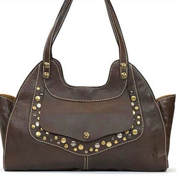 Patricia Nash Dark Brown Studded Ergo Satchel Italian Leather Top Handle Bag - Picture 1 of 11